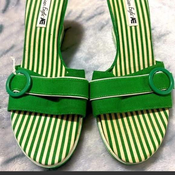 Retro 50s 60s Style Classic Green White Striped Wedges American Eagle - Picture 5 of 9
